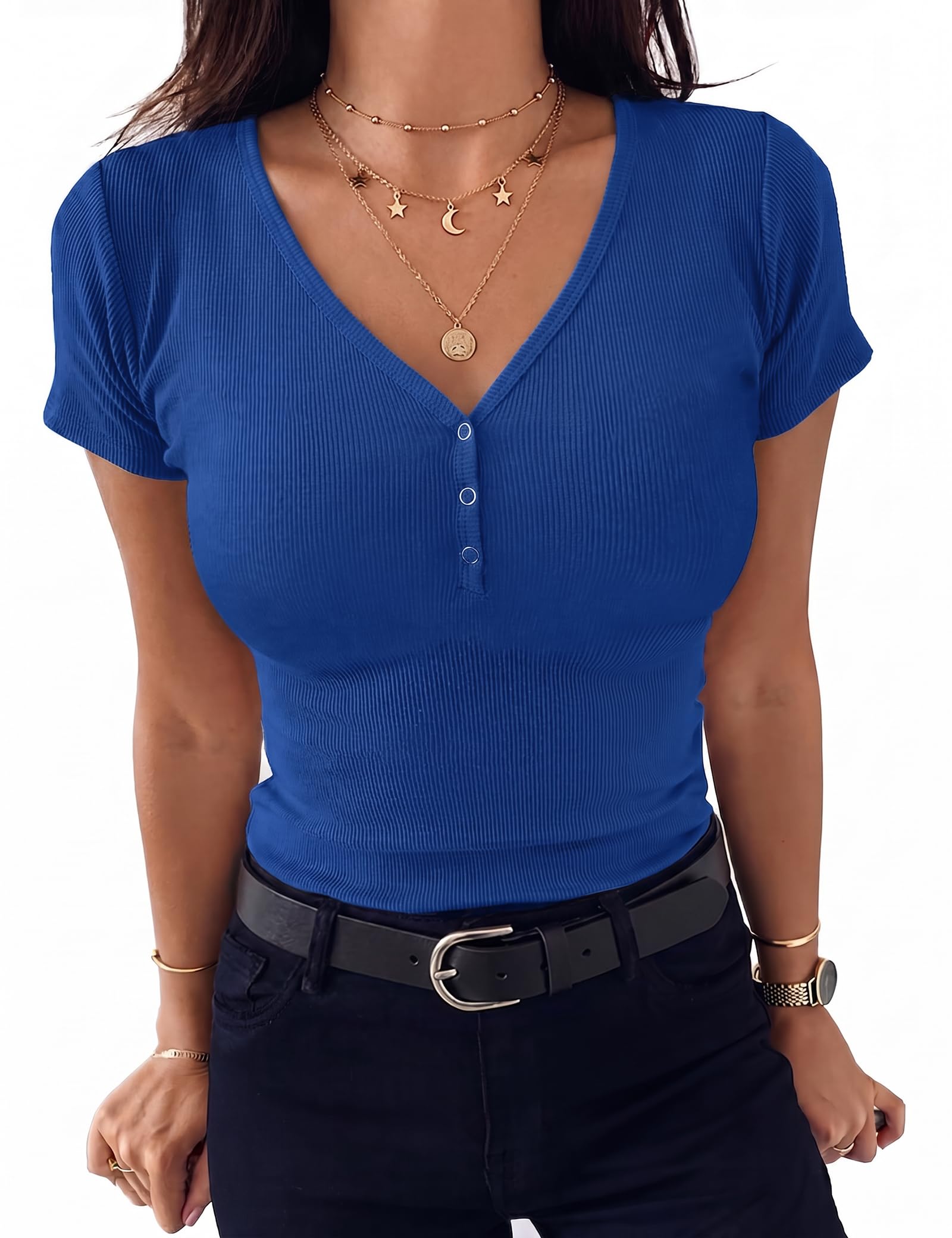 Aottori Damen T-Shirt V-Ausschnitt mit Knöpfen Sommer Oberteile Kurzarm Gerippt Basic Tee Shirts Elegant Slim Fit Tshirt Stretch Casual Tops Einfarbig