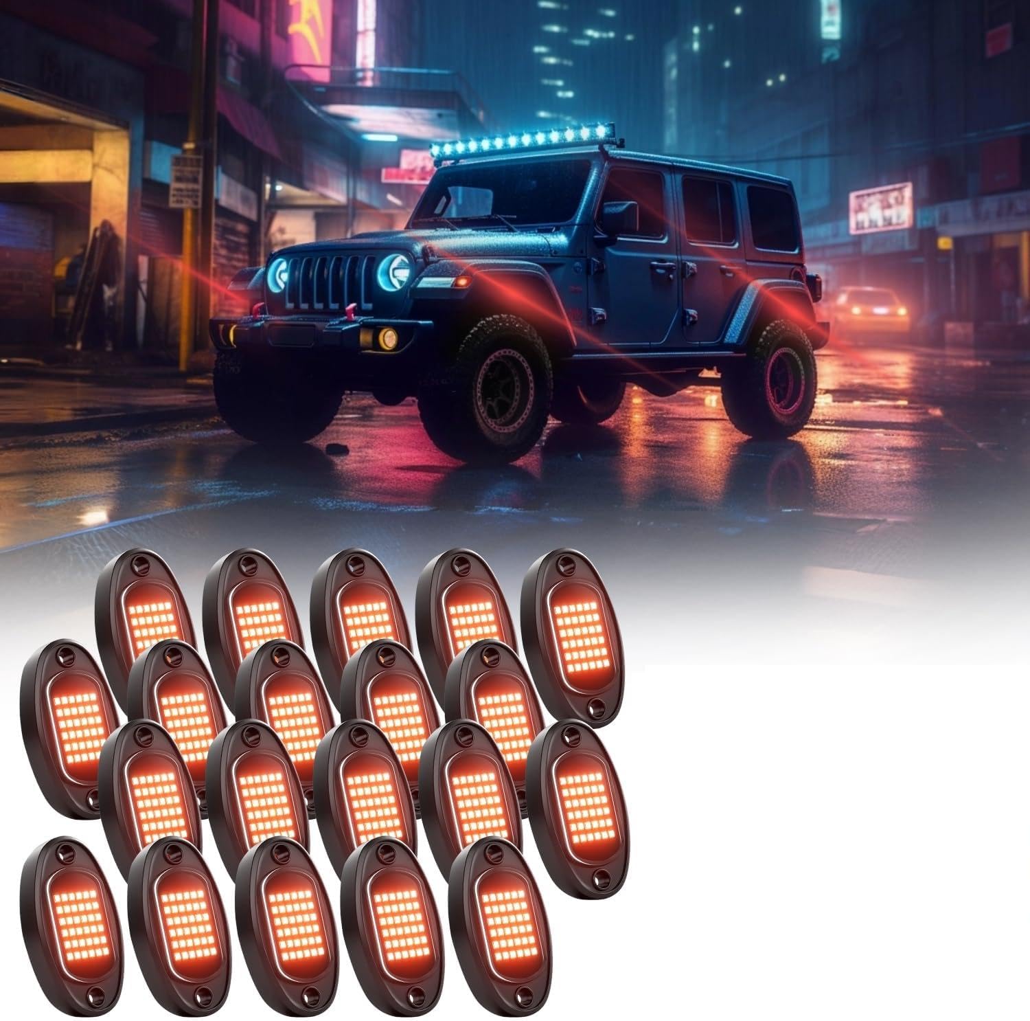 GSRECY Rock Lights Ultra Bright LED Neon Underglow Lights Waterproof for Trucks Pickup SUV UTV ATV RZR Car Boats Motorcycle (Red, 20 Pods+ 33ft Wire Harness)