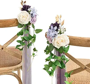 Ling's Moment 8pcs Wedding Artificial Aisle Pew Flowers Chair Decorations Arrangements with Chiffon Ribbons Lilac Purple Gold for Ceremony Chair Back Floral Decor Reception Church Party Outdoor