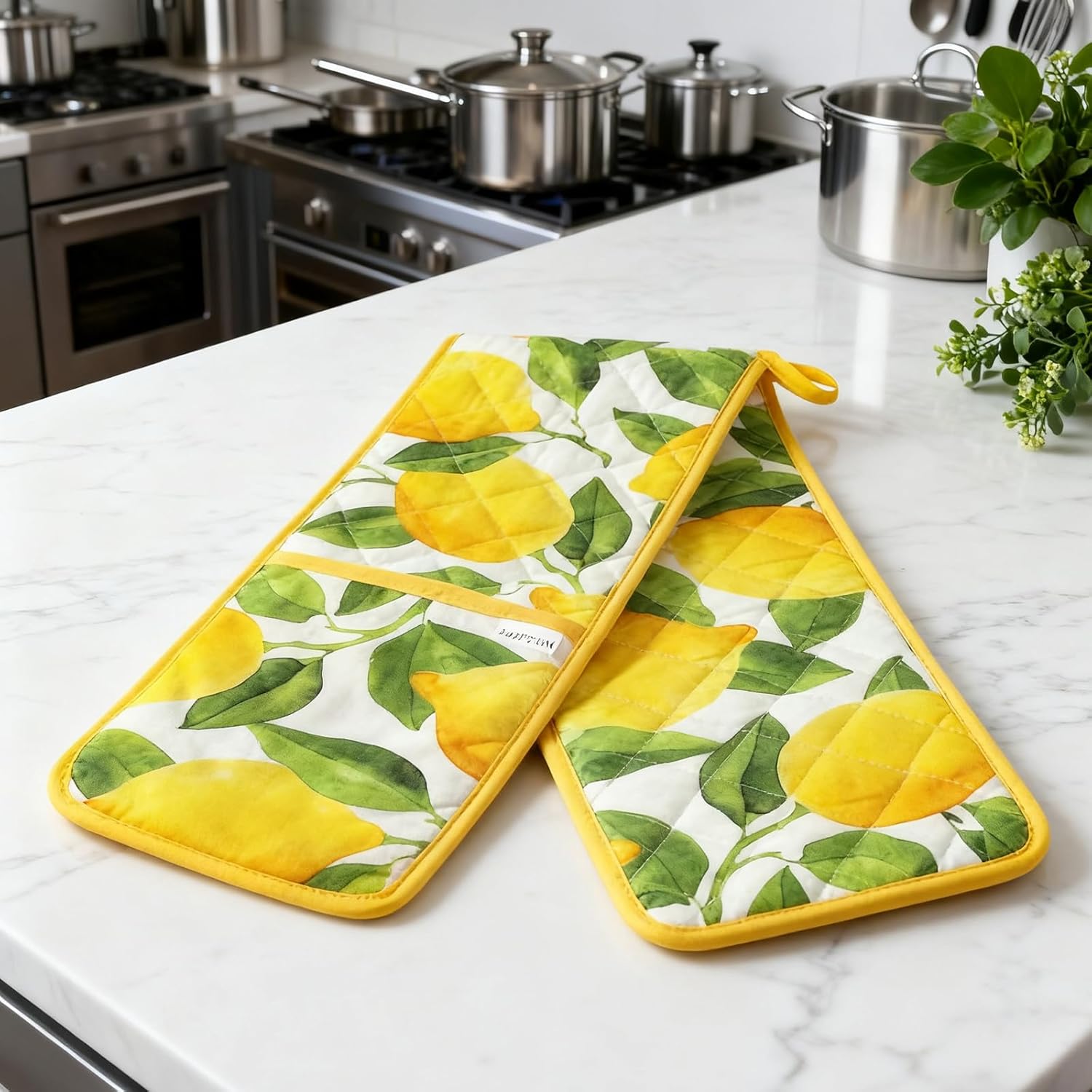 Yellow Double Oven Mitt Lemon Heat Resistant Non-Slip Kitchen Cotton Gloves Extra Long for Kitchen Cooking Baking Barbecue Grilling - Image 7