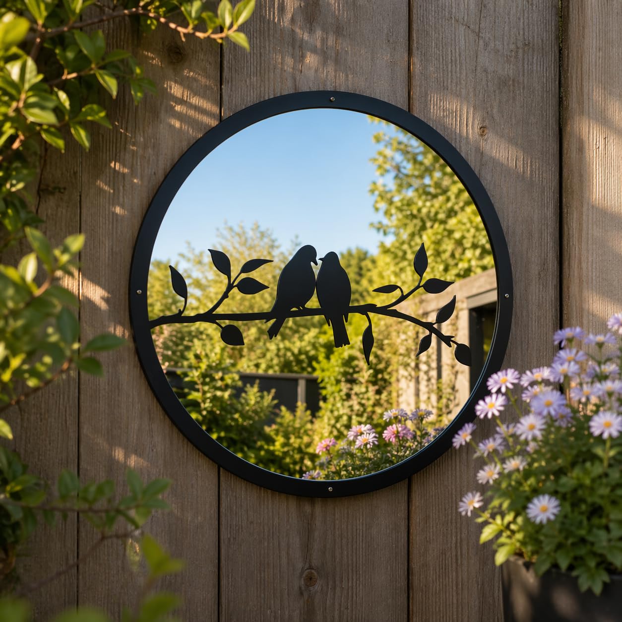 SunCatcher Garden Decor Two Little Birds Garden Mirror Round Mirror Outside Rust Resistant Acrylic Fixings Included Gift 42cm / 16.5 inch