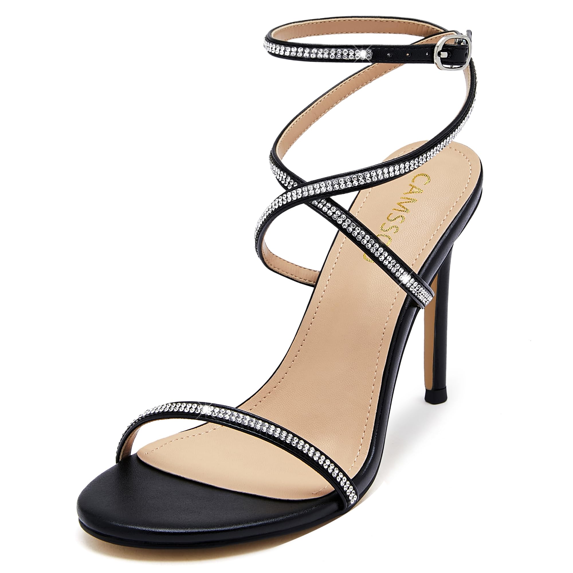 Photo 1 of CAMSSOO Women's Strappy Rhinestone Stiletto Heels Ankle Strap Open Toe High Heel Sandals for Wedding, Party, Prom, Evening Black Size 7