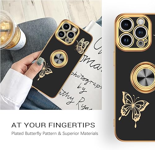 Miniatura 5 de GaoBao Funda para iPhone 15 Pro, iPhone 15 Pro con bonito diseño de mariposa, soporte de anillo de protección galvanizada, funda de teléfono suave