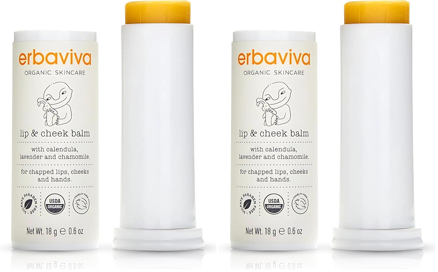 Erbaviva Organic Lip & Cheek Balm – Moisturizing Stick for Baby & Adults | USDA Organic, Shea Butter & Calendula for Dry, Chapped Skin | Lip, Cheek & Hand Protection (Pack of 2)