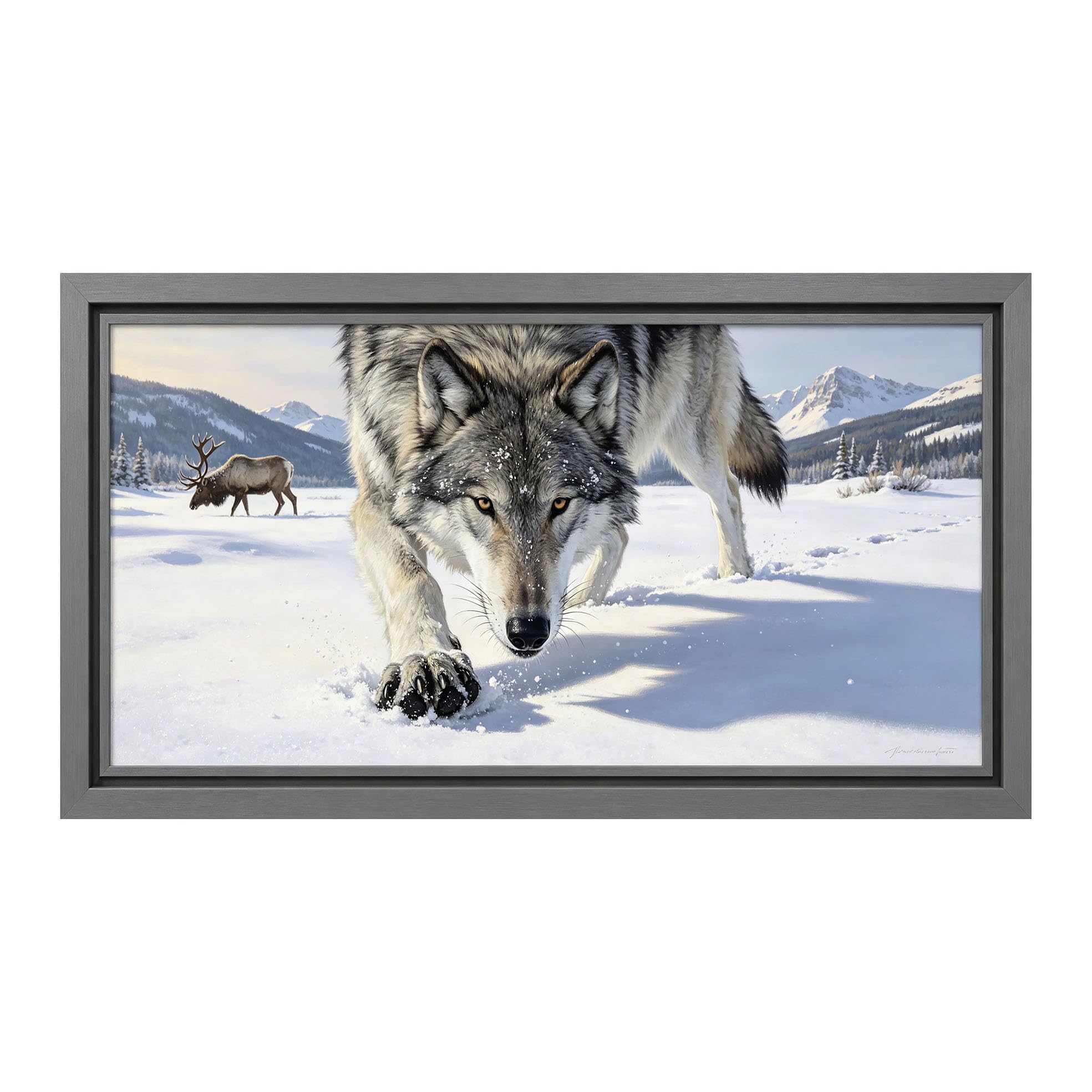 Yzpallescene 3D Framed Wall Art 50cm×100cm Snowy Wolf Wilderness Mountain Landscape Realistic Large Size SelfAdhesive Removable Wall Decor Prints Artwork for Living Room Bedroom Office