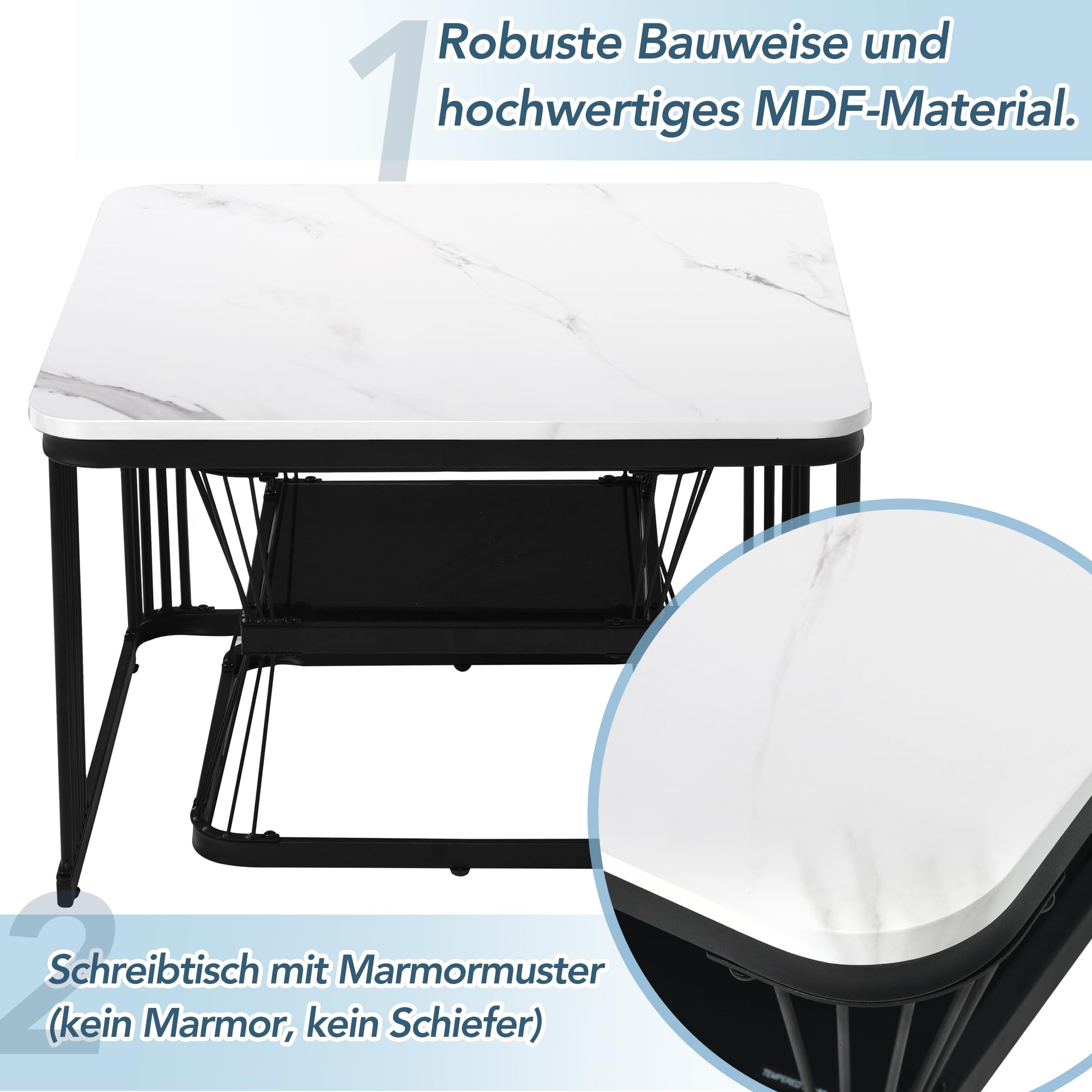 Merax Quadratisch Couchtisch 2er Set, Moderne Wohnzimmertisch mit Marmoroptik, Hochglänzend Satztisch mit Stauraum, für Wohnzimmer, Balkon und Büro, Metallgestell, Weiß und Schwarz
