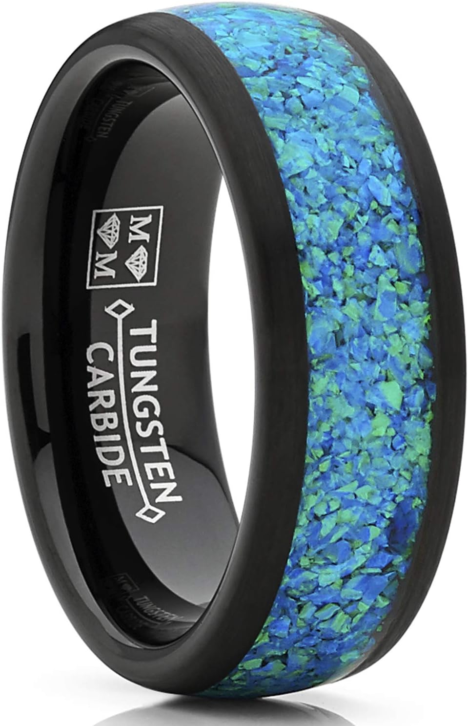 Metal Masters Co. Men's Women's Black Tungsten Carbide Wedding Band Engagement Ring, Simulated Crushed Opal Inlay 8mm