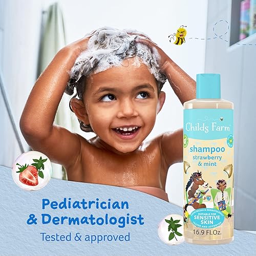 Miniatura 3 de Childs Farm, Champú infantil para piel y cuero cabelludo secos, sensibles y propensos al eczema, fresa y menta orgánica, desenreda y nutre, vegano,