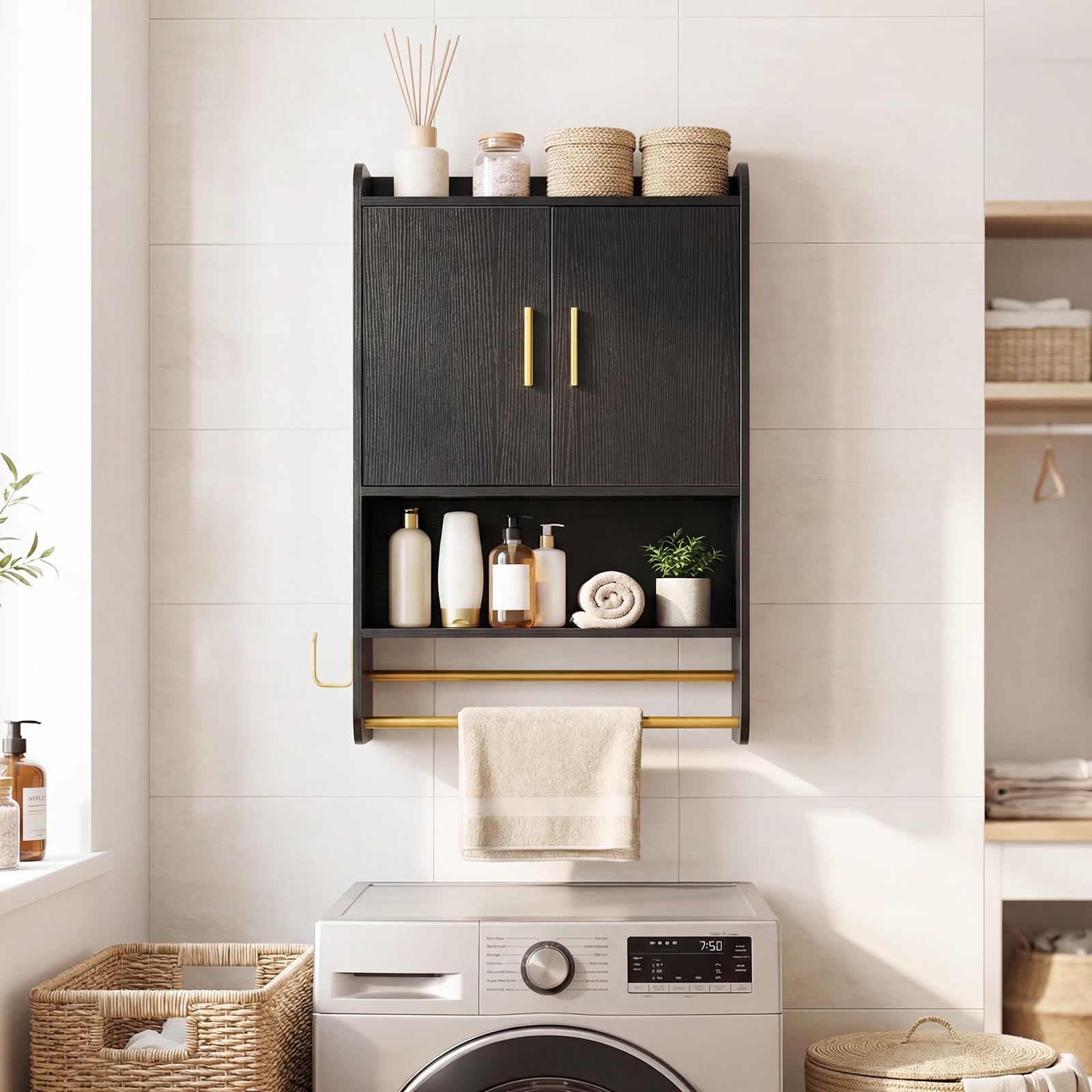 COSTWAY Armario de Pared para Baño, Armario de Almacenamiento con Puertas, Estante Ajustable, Compatimento Abierto, Barra para Colgar, Mueble Colagnte para Cocina, Salón, 55 x 20 x 80 cm (Negro)