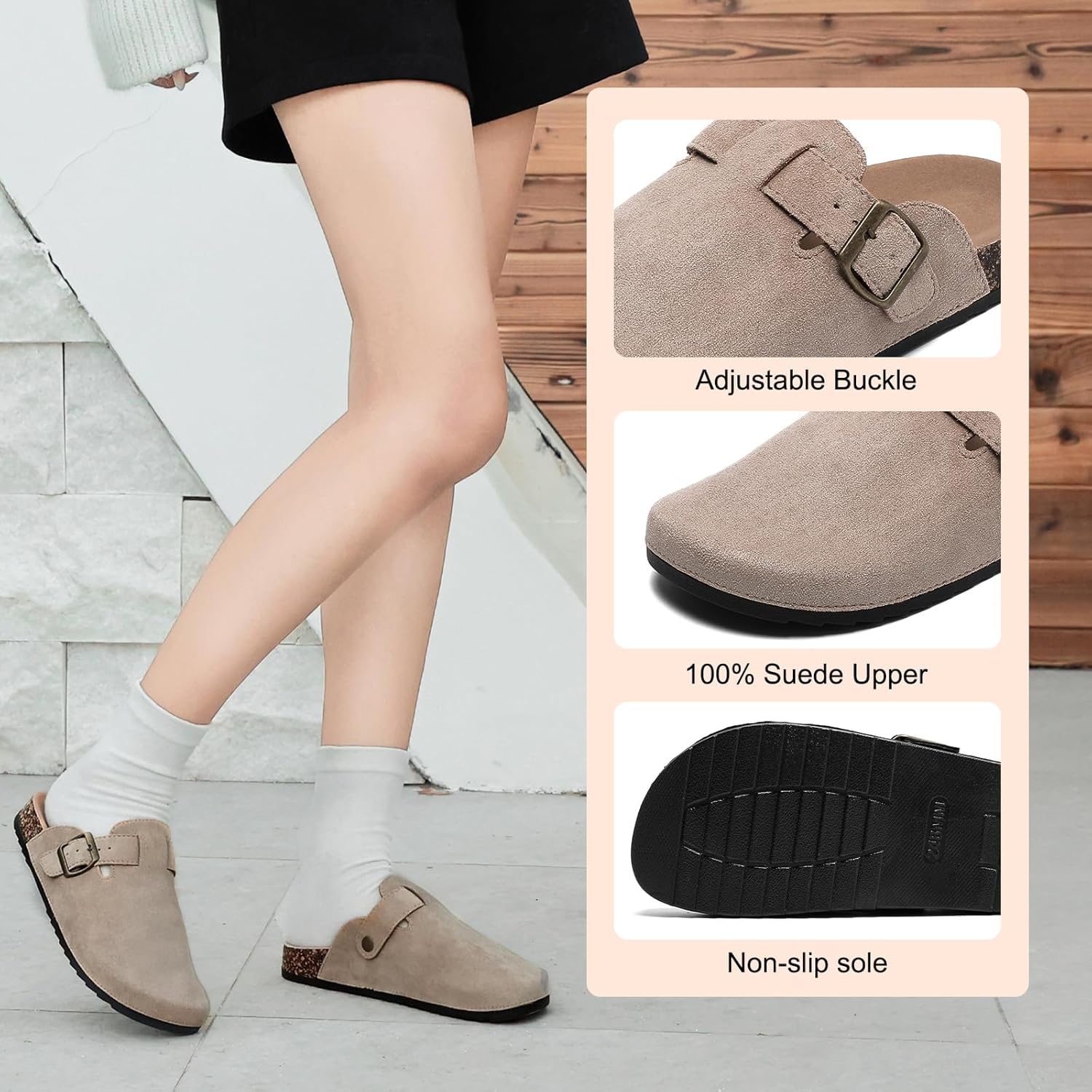 Women's Suede Clogs Mens Leather Mules Comfort Cork Footbed Antislip House Sandals Arch Support Potato Shoes with Adjustable Buckle - Image 5