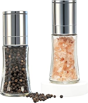Salt and Pepper Grinder Set of 2, Pepper Mill, Sea Salt Shaker Grinder Refillable,Small Salt and Pepper Grinder Set with Stainless Steel Cap and Glass Container