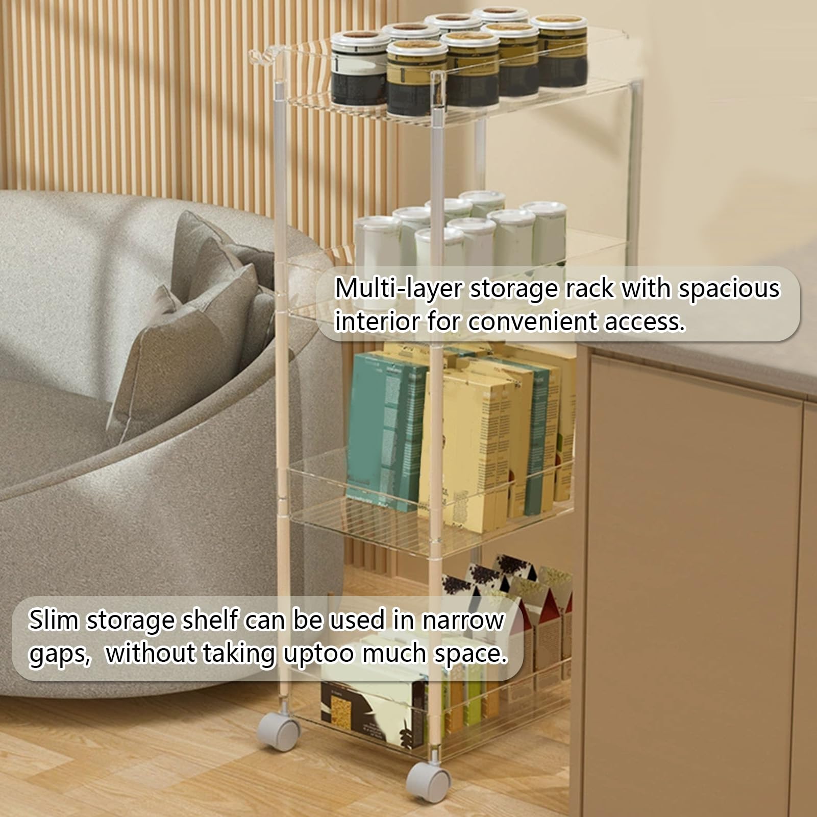 Carrito rodante utilitario con ruedas bloqueables, estantes móviles de 3 niveles con ganchos para baño, cocina, dormitorio, almacenamiento, diseño transparente