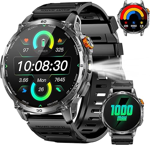 Miniatura 11 de Relojes inteligentes militares para hombres, reloj inteligente de pantalla grande HD de 1000 mAh/1.7 pulgadas, linterna LED, responder/hacer