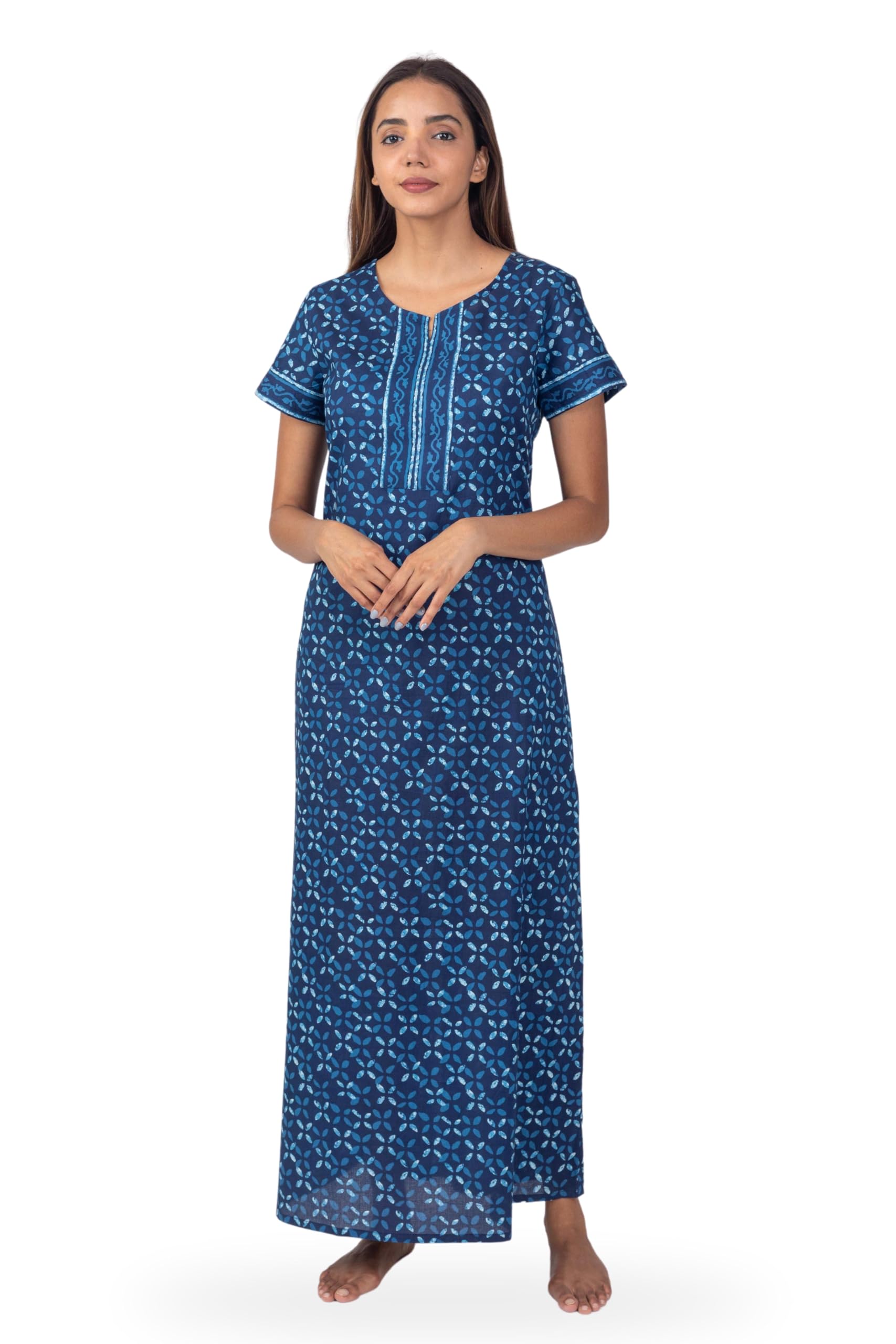Cotton Nighty for Women - XL | Premium Printed Long Cotton Night Gown | Comfortable & Fancy Sleepwear/Nightwear/Maxi Dress (Blue Colour)