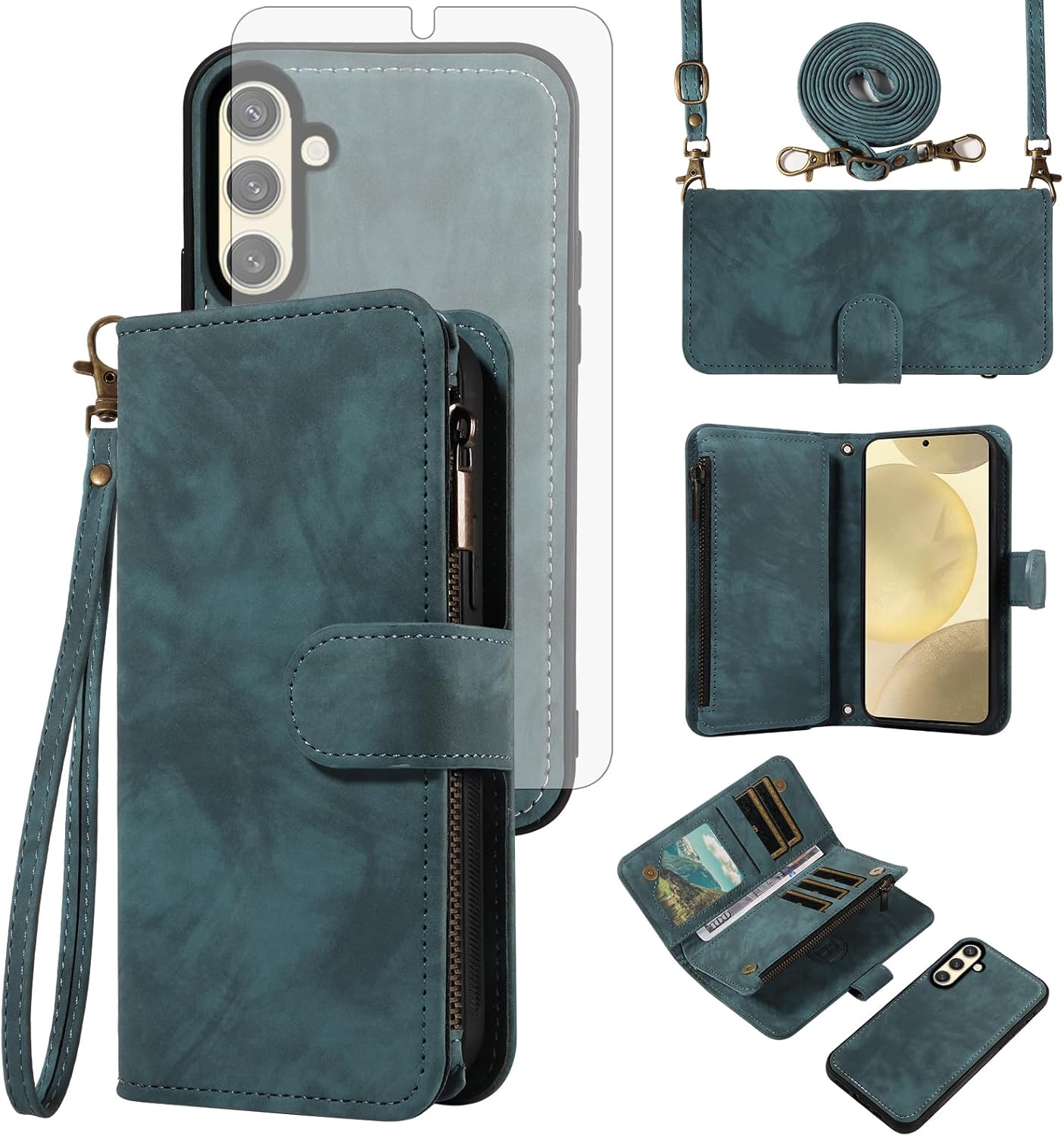 Asuwish Phone Case for Samsung Galaxy S24/S25 5G Zipper Wallet Magnetic Cell Cover with Tempered Glass Screen Protector Crossbody Wrist Strap Flip Credit Card Holder Purse S 24 25 Women Girls Blue