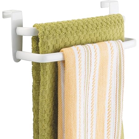 mDesign Barra para colgar paños de cocina – Colgador de cocina doble para colocar en las puertas de los armarios – Toallero de baño curvado de metal – ...