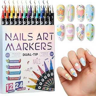 24 Colors Nail Art Markers Pens Set (12Pcs-Dual), Acrylic Nail Art Marker, 3D Dotting Liner Brush Quick-Drying Fine Tip Nail Polish Pen for DIY Home Salon, Beginners Manicure Drawing Tools
