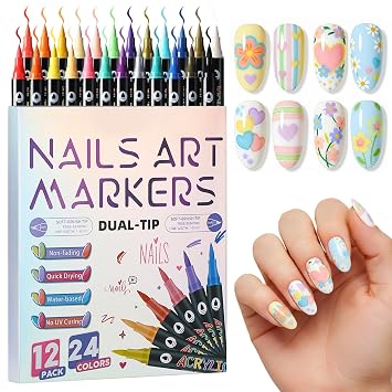 24 Colors Nail Art Markers Pens Set Quick-Drying 12Pcs-Dual | Acrylic Nail Art Marker, 3D Dotting Liner Brush Fine Tip Nail Polish Pen for DIY Home Salon, Beginners Manicure Drawing Tools