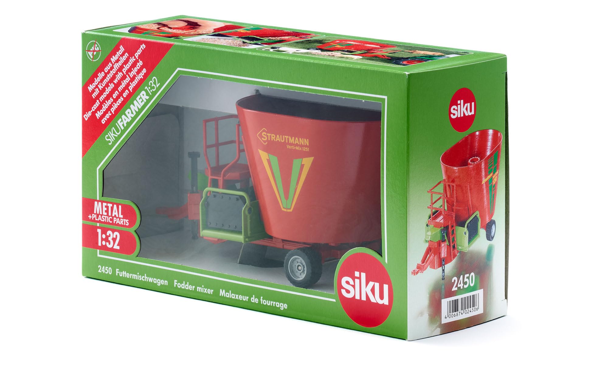 SIKU 2450 - Mélangeuse, 1:32, Métal/Plastique, Pièces Mobiles, Compatible avec Attelage Arrière Standard, Rouge