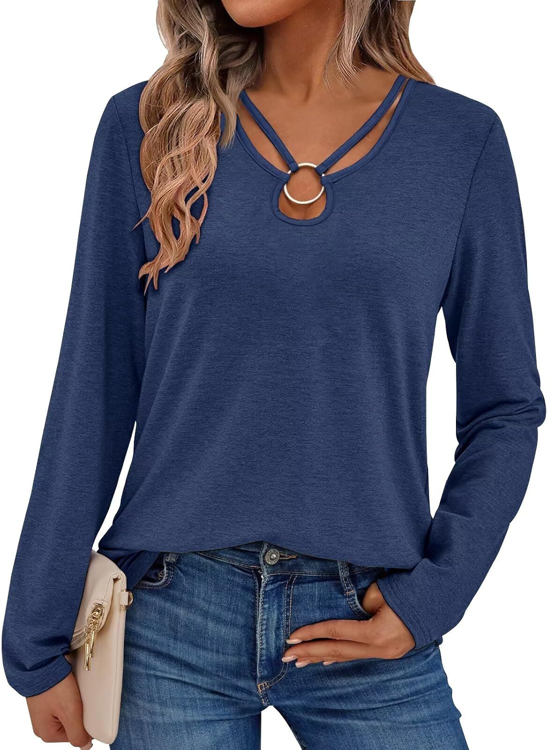 Gihgoew Womens Long Sleeve Tops Keyhole Neck Neck Shirts Fall Cute Tees