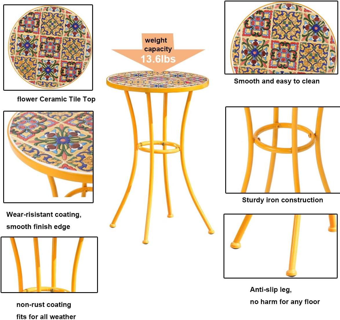 Outdoor Coffee Table with Floral Ceramic Tile Top,Short Round Weatherproof Metal Couch Side Table for Backyard Creations Garden, Patio,Porch,Balcony,Backyard,Pool