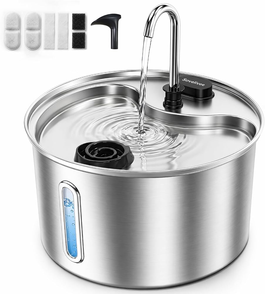 Amazon product image of Cat Water Fountain, 118oz/3.5L Stainless Steel Cat Fountain with Ultra-Quiet Pump, LED Water Level Window, Automatic Cat Water Dispenser, 6-Layer Filtration Includes 2 Replacement Filters