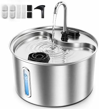 Cat Water Fountain, 118oz/3.5L Stainless Steel Cat Fountain with Ultra-Quiet Pump, LED Water Level Window, Automatic Cat Water Dispenser, 6-Layer Filtration Includes 2 Replacement Filters
