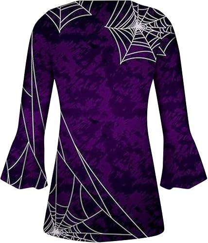 Miniatura 4 de symoid Camisas de Halloween para mujer, manga 34, con botones, cuello en V, divertido gráfico de calabaza, plisadas, bohemias, camisas elegantes