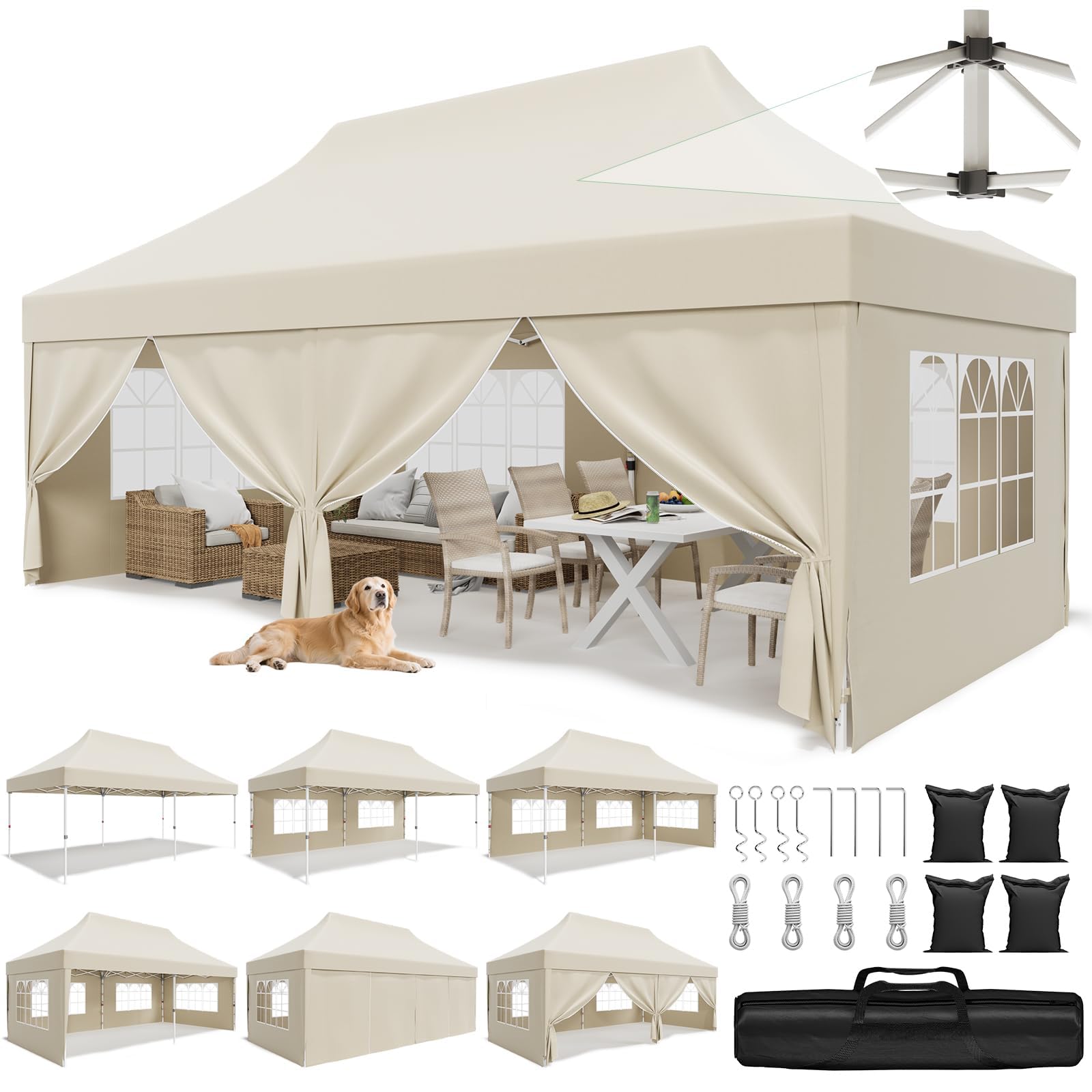 JUMMICO Tonnelle 3x6 Pliante avec 10cm de Hauteur Intérieure Supplémentaire｜Toile Oxford Imperméable, Robuste et Durable｜Tente de Fête Élégante, Idéale pour Jardin, Camping et Plus Encore Beige