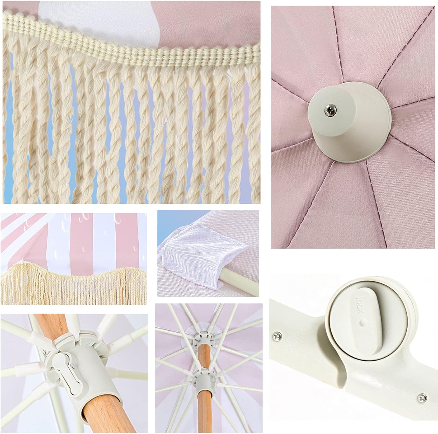 2M,Luxury Striped Sun Umbrella,Patio Garden Beach Umbrella with Fringe,Retro Large Round Umbrella,Reclining,Pool Patio Beach Shade,Pink+White,