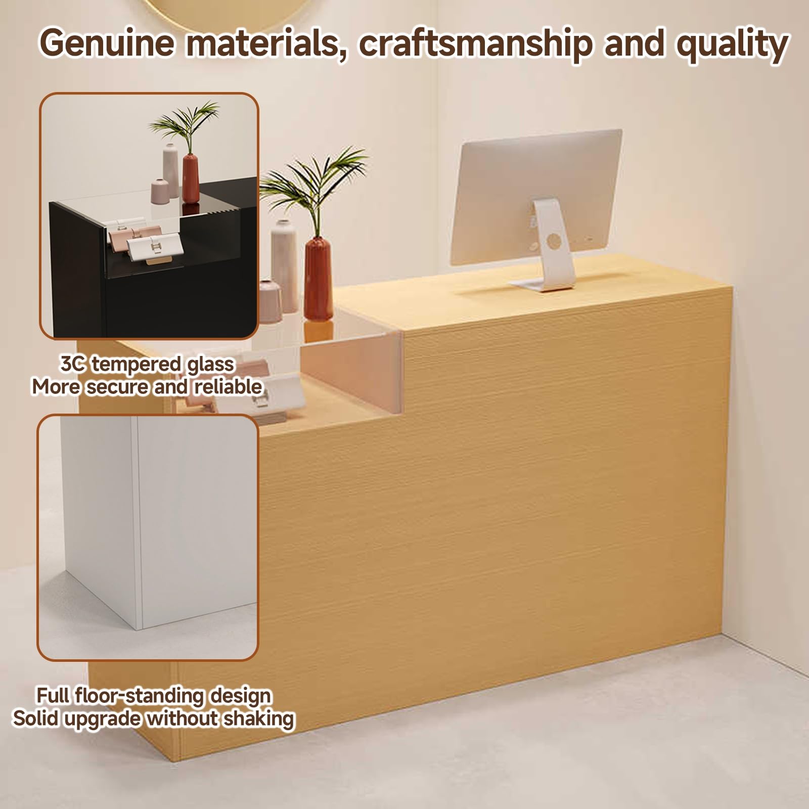 Moderno mostrador de recepción de roble transparente para hoteles, tiendas y oficinas, 100 cm, diseño lateral izquierdo, muebles elegantes al por menor