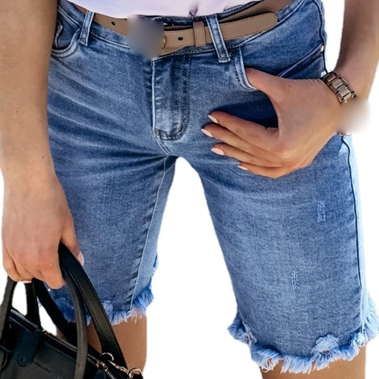 JEKE-DG Women Bermuda Skinny Denim Shorts High Waist Ripped Stretch Jean Shorts Destroyed Frayed Raw Hem Shorts Jeans (XX-Large,Blue)