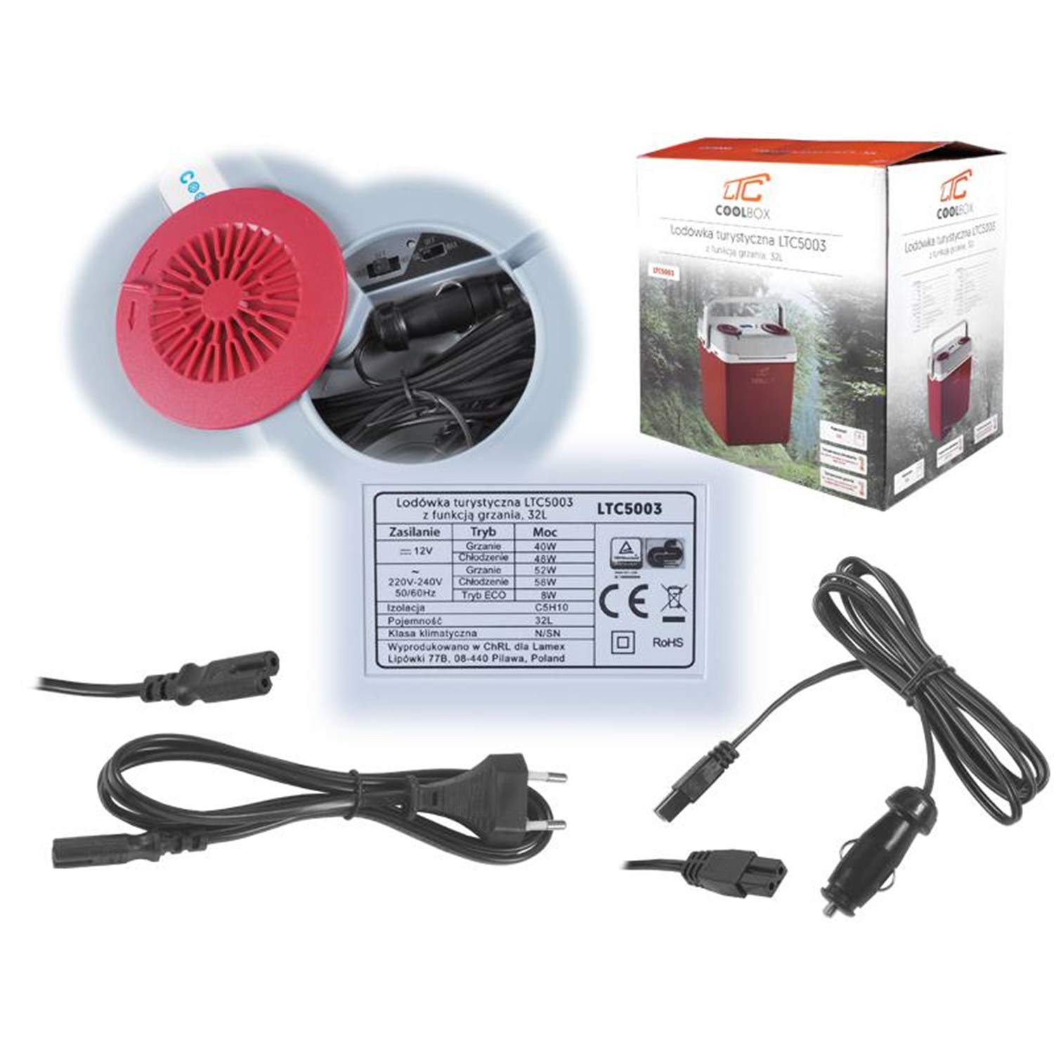 LTC LTCA32 CoolBox lodówka podróżna 32 l, z funkcją ogrzewania, przenośna lodówka samochodowa, czerwona DC12 V AC 220-240 V