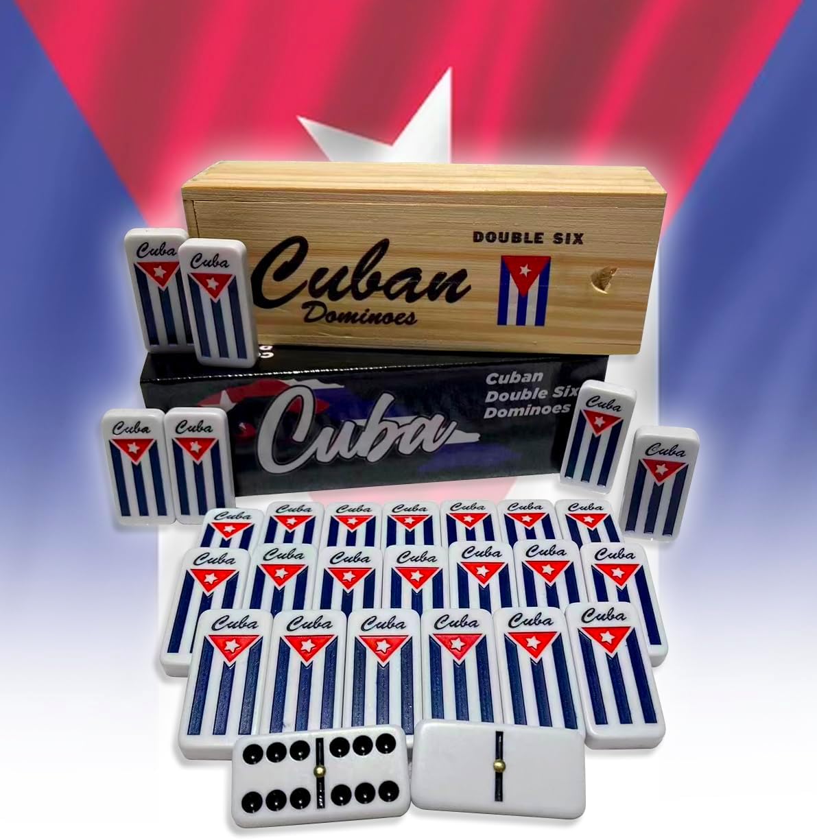 PRK 14 Cuban Double Six Dominoes Set - Classic Cubano Flag Combo Design with Wooden Box, Engraved Cuban Flag, Quality Tiles for Authentic Domino Experience