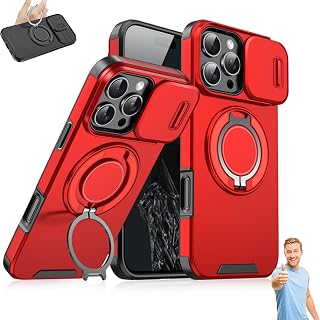 Case with Slide Camera Cover, Magnetic Stand Phone Case, for iPhone 16/15/14/13/12/11 Pro Max, with Rotating Stand and Privacy Camera Cover, 360° Protection (for iPhone 16e,Red)