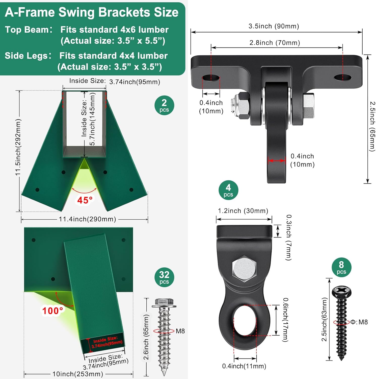 SELEWARE Heavy Duty Swing Set Brackets Kit with 2 A-Frame Swing Set Brackets, 4 Swing Hangers & 2 Swing Seats for Backyard Playground, DIY Outdoor Kids Playset, Mounting Hardware Included