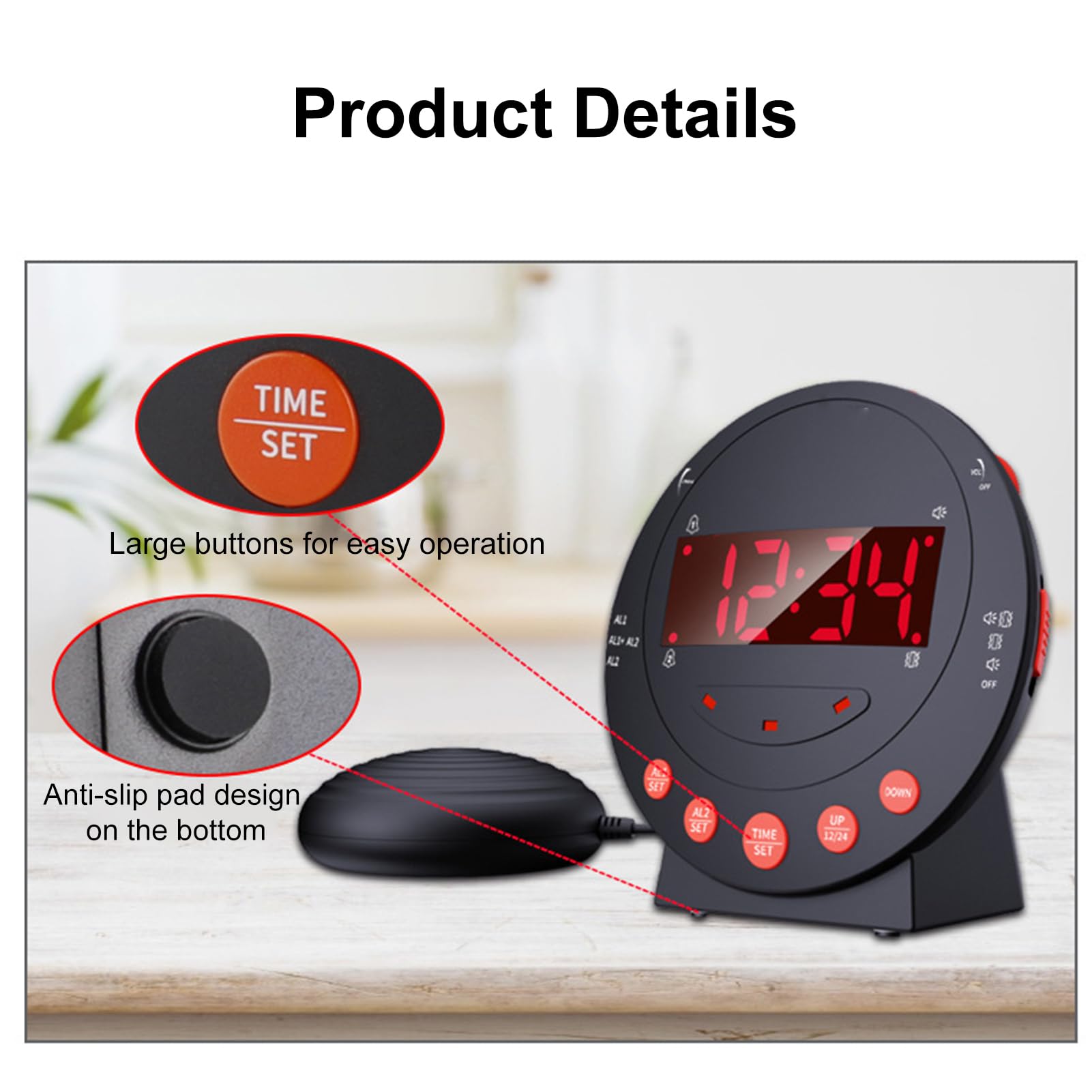TARSHYRY Reloje de Alarma Fuerte con Agitador de Cama, Despertador Vibratorio con Pantalla LED para Durmientes Pesados/Dureza de Audición/Sordos/Adolescentes, Brillo/Volumen (Black)