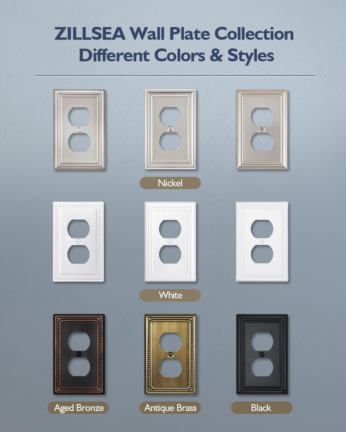 Decorative Focus Frame Switch Plates Outlet Covers, Durable Metal Wall Plates (Brushed Nickel/1 Duplex 4 Pack)