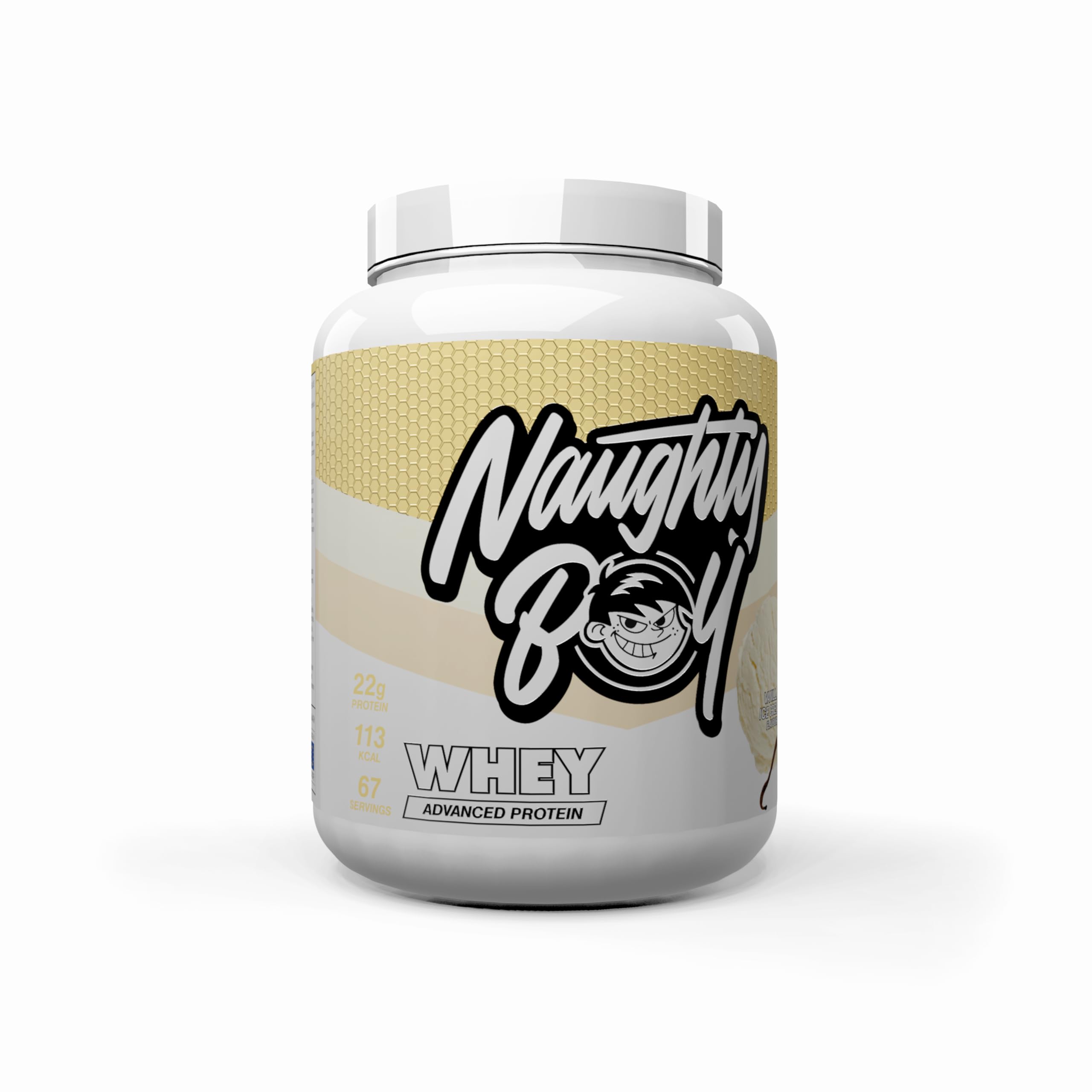 Naughty Boy Advanced 100% proteína de suero en polvo, 2010 g, 22 g de proteína por porción, 67 porciones, batido alto en proteínas para crecimiento muscular y recuperación, bajo en azúcar, helado de