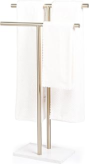 Free Standing Towel Rack for Bathroom - Satin Gold Finish - Stand Alone 2 Tier Stainless Steel Towel Rack for Bathroom Floor with Heavy Marble Base, Double T Shape Drying Stand for Towels