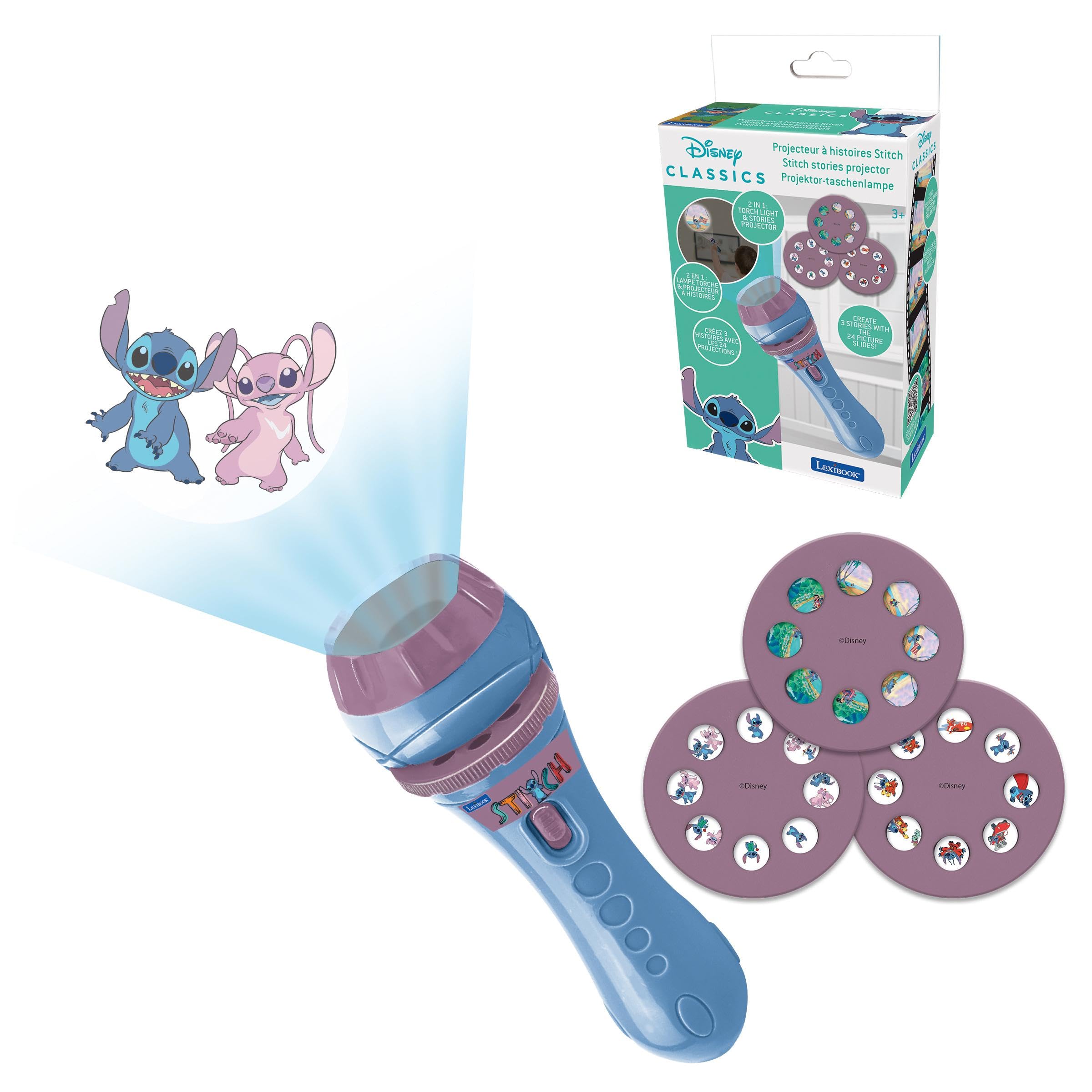 Lexibook - Disney Stitch - Geschichten-Projektor, Taschenlampe und Projektor mit 3 Scheiben, 24 Bilder, kreiere Deine eigenen Geschichten, LTC050DLXB
