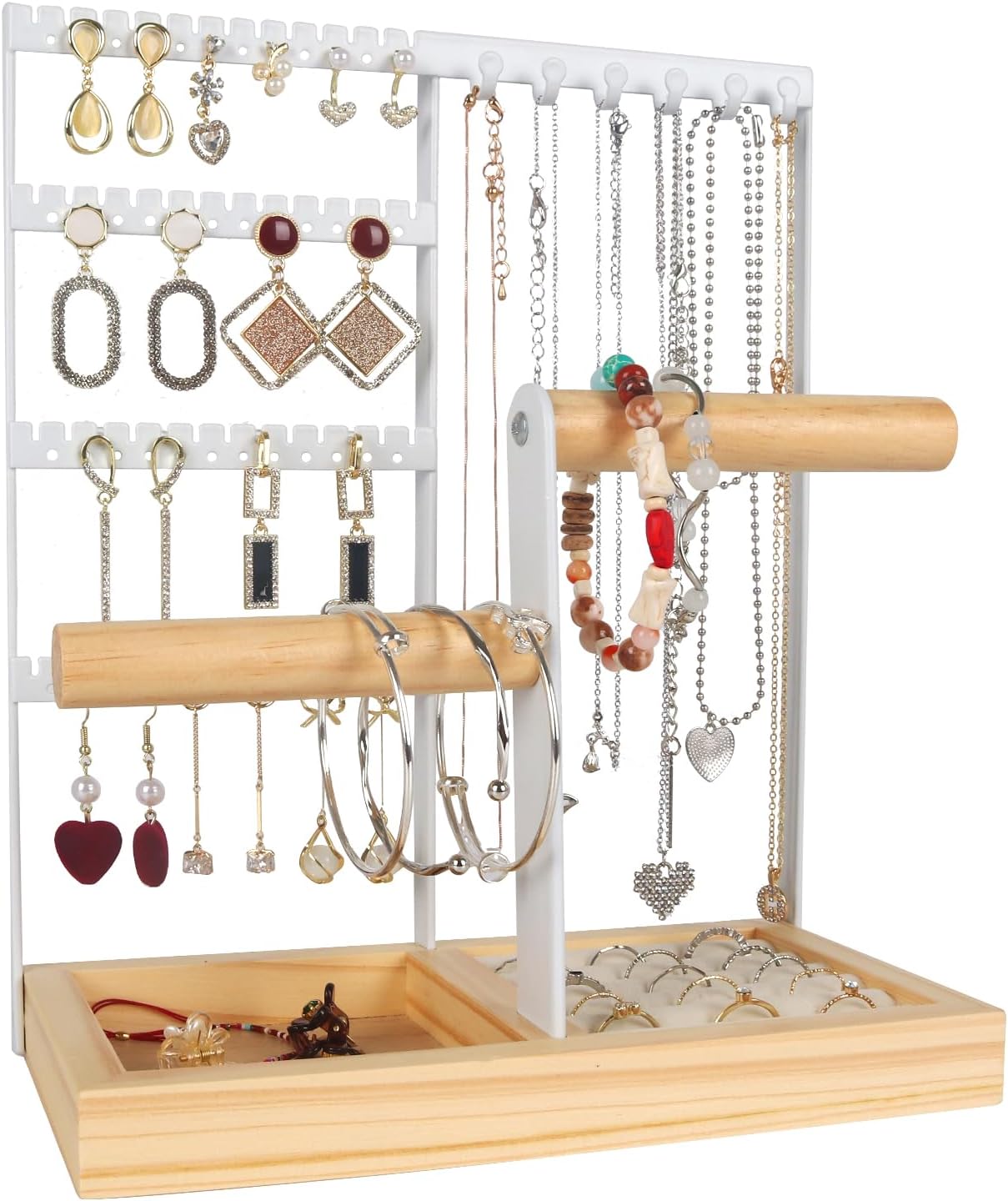 LeerweiiLeerweii Jewellery Stand Jewellery Organiser, 4-Tier Necklace Stand Earring Holder with Wooden Storage Tray and Metal Jewellery Holder for Necklaces Earrings Rings Bracelets Watches, White