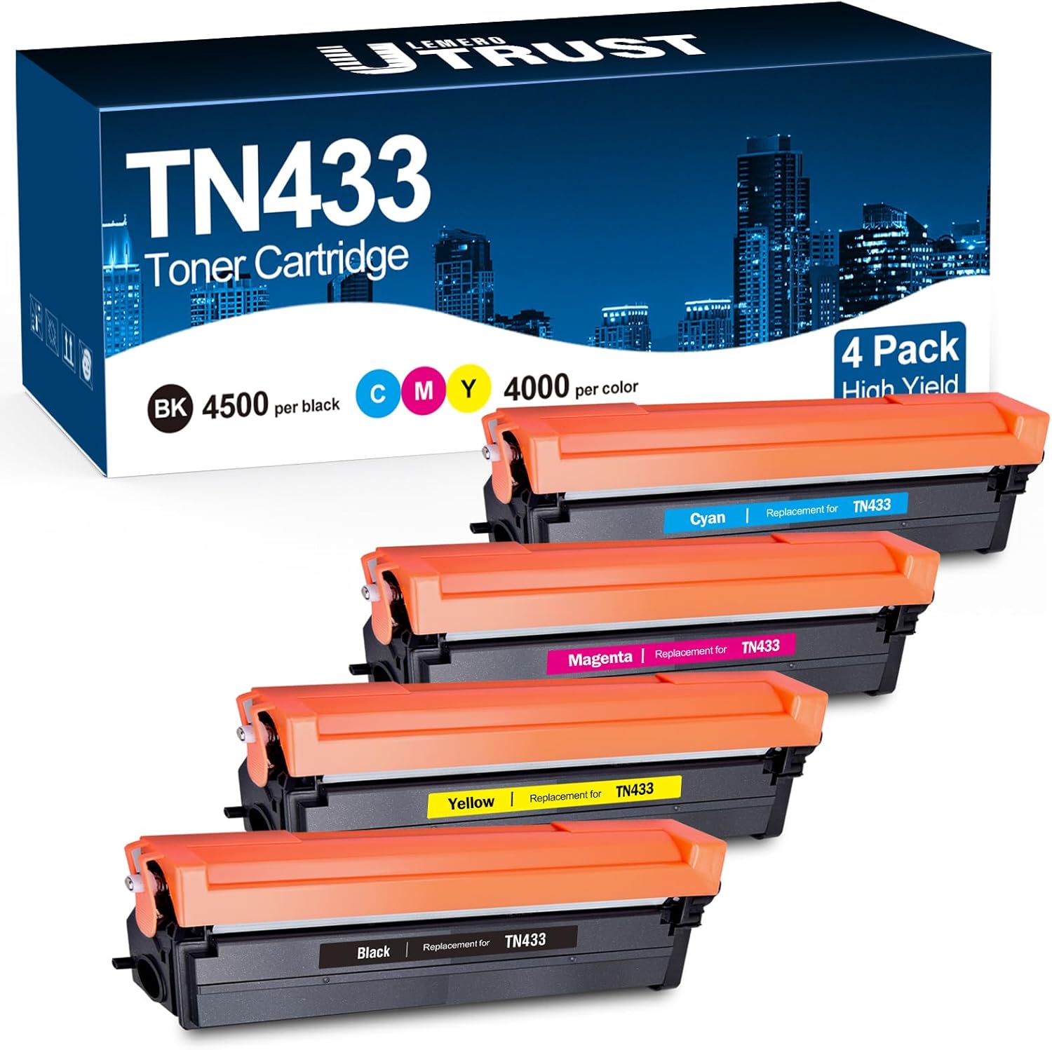 Compatible TN433 Toner Cartridge Replacement for Brother TN 433 TN-431 MFC-L8900CDW MFC-L8610CDW HL-L8360CDW HL-L8260CDW Printer Toner (TN433BK TN433C TN433M TN433Y, 4-Pack)