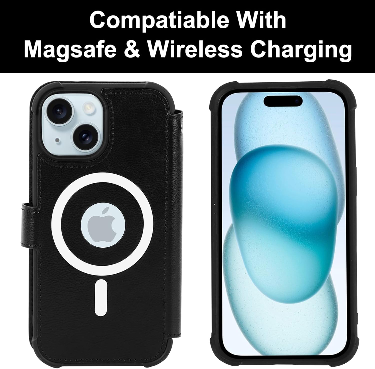 VANAVAGY Compatible for iPhone 15 Plus/14 Plus Wallet Case for Magsafe Wireless Charging, PU Leather Flip Case [Screen Protector & Camera Cover] with Strap RFID Blocking Card Holder,Black