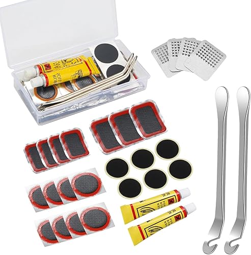 Kit de reparación de neumáticos de bicicleta  8 parches, 3 raspadores de metal, palancas de neumáticos y pegamento para arreglos fáciles  Portátil,