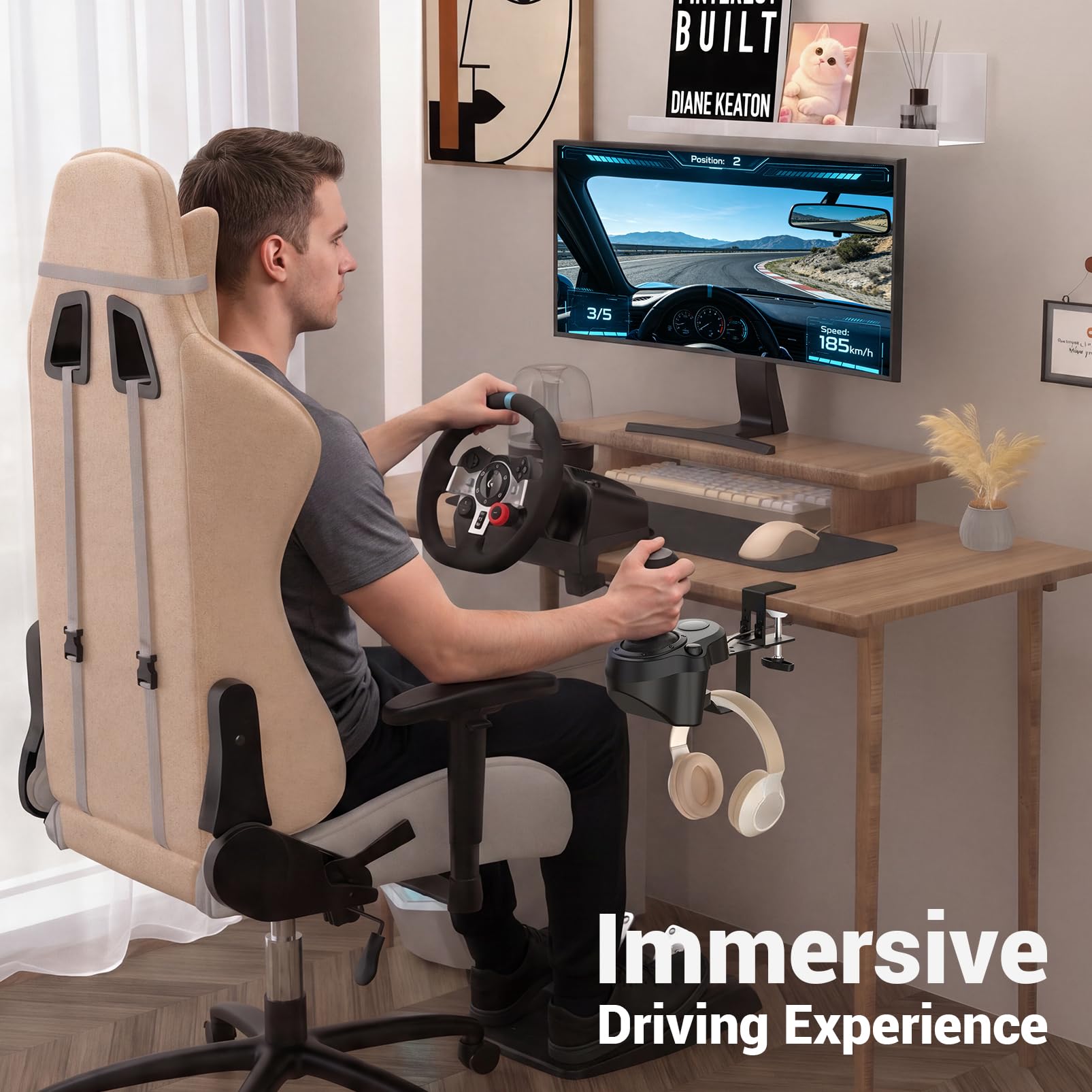 Soporte de Palanca de Cambios para Simulador de Carreras, Abrazadera de Montaje en Escritorio con Portaauriculares Compatible con Logitech,Thrustmaster, Fanatec,Moza,Simagic,Turtle Beach,Heusinkveld