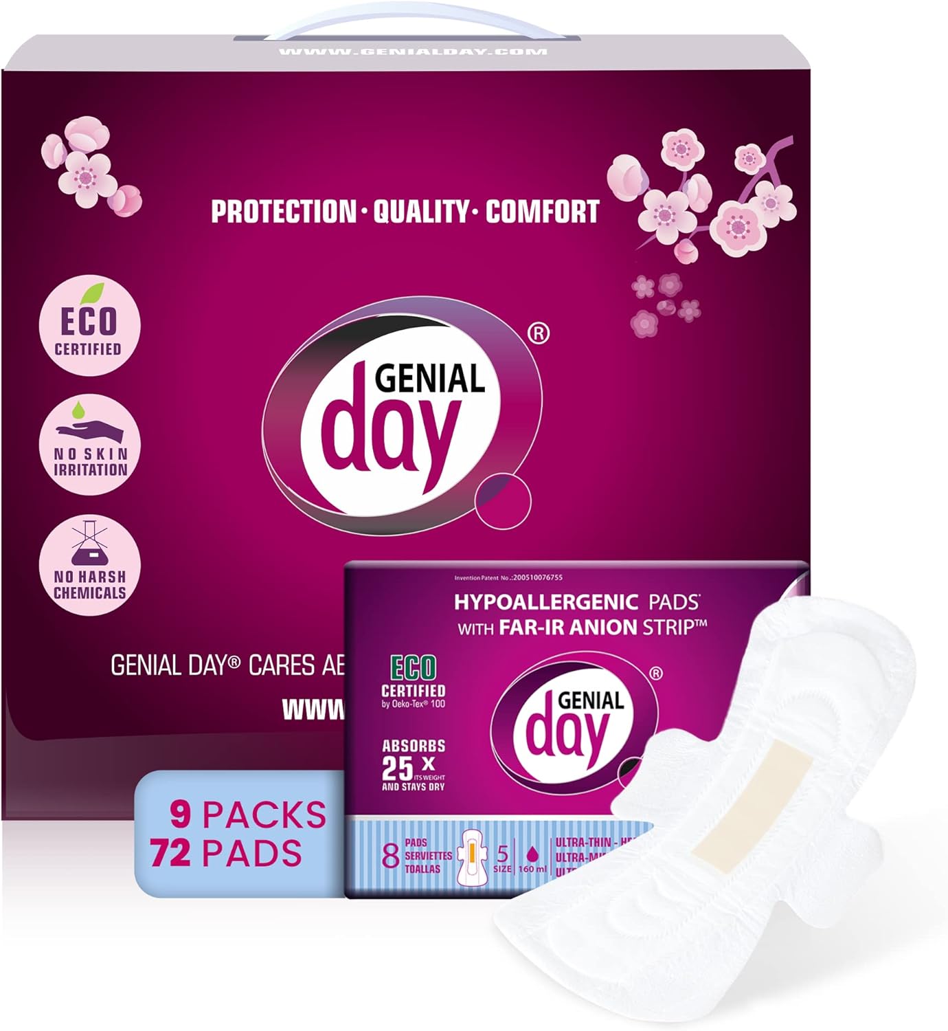 Hypoallergenic Heavy Flow Pads with FAR-IR Anion Strip, Super Absorbent, Breathable, Vegan and Eco-Certified, Ultra Thin with Wings, Count 72 (Heavy)