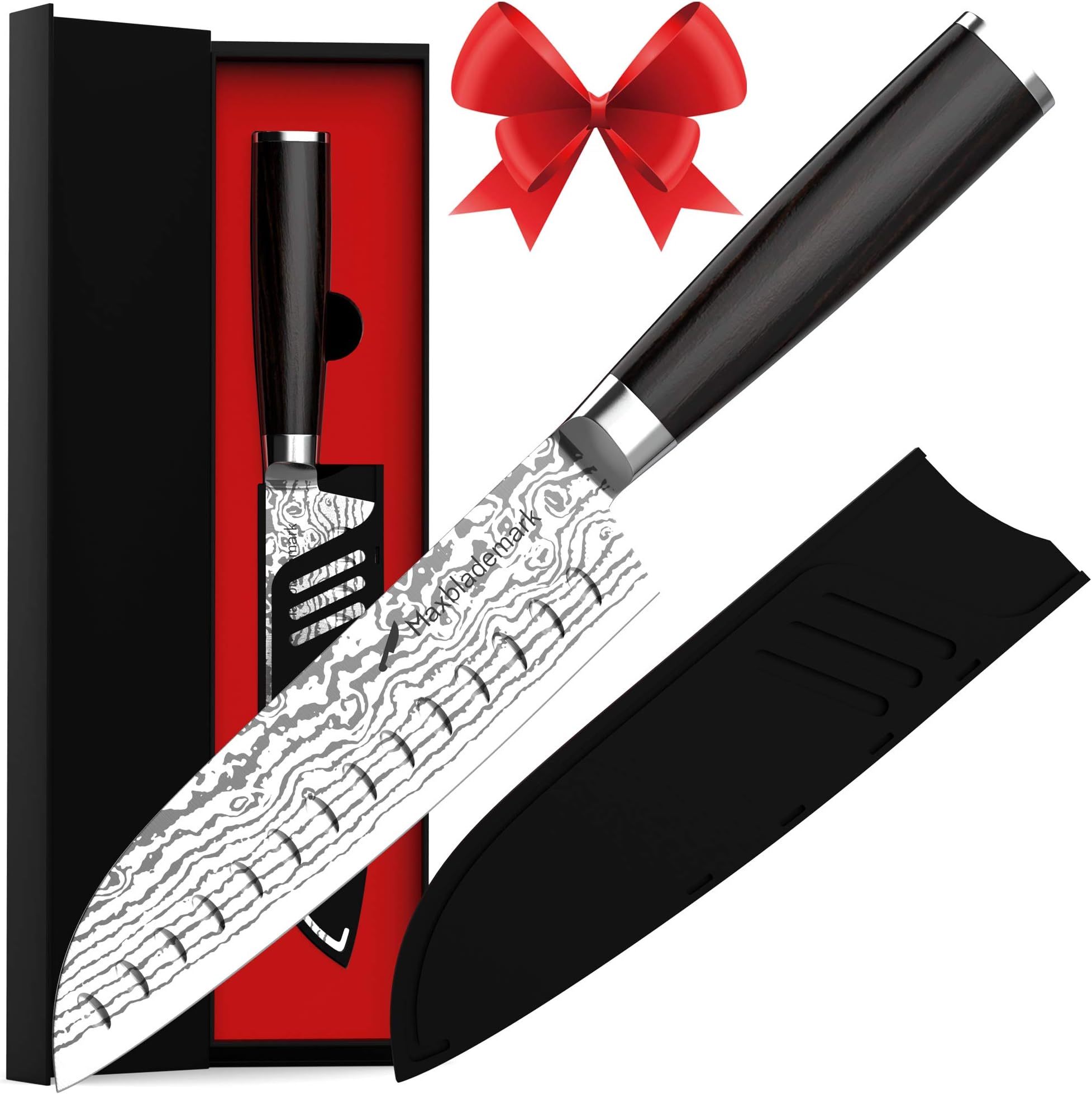 Santoku Knife - Maxblademark Kitchen Knives 7 Inch Chef's Knives, German High Carbon Stainless Steel with Ergonomic Handle, Knife Sheath, Damascus Pattern, Ultra Sharp for Home Kitchen and Restaurant