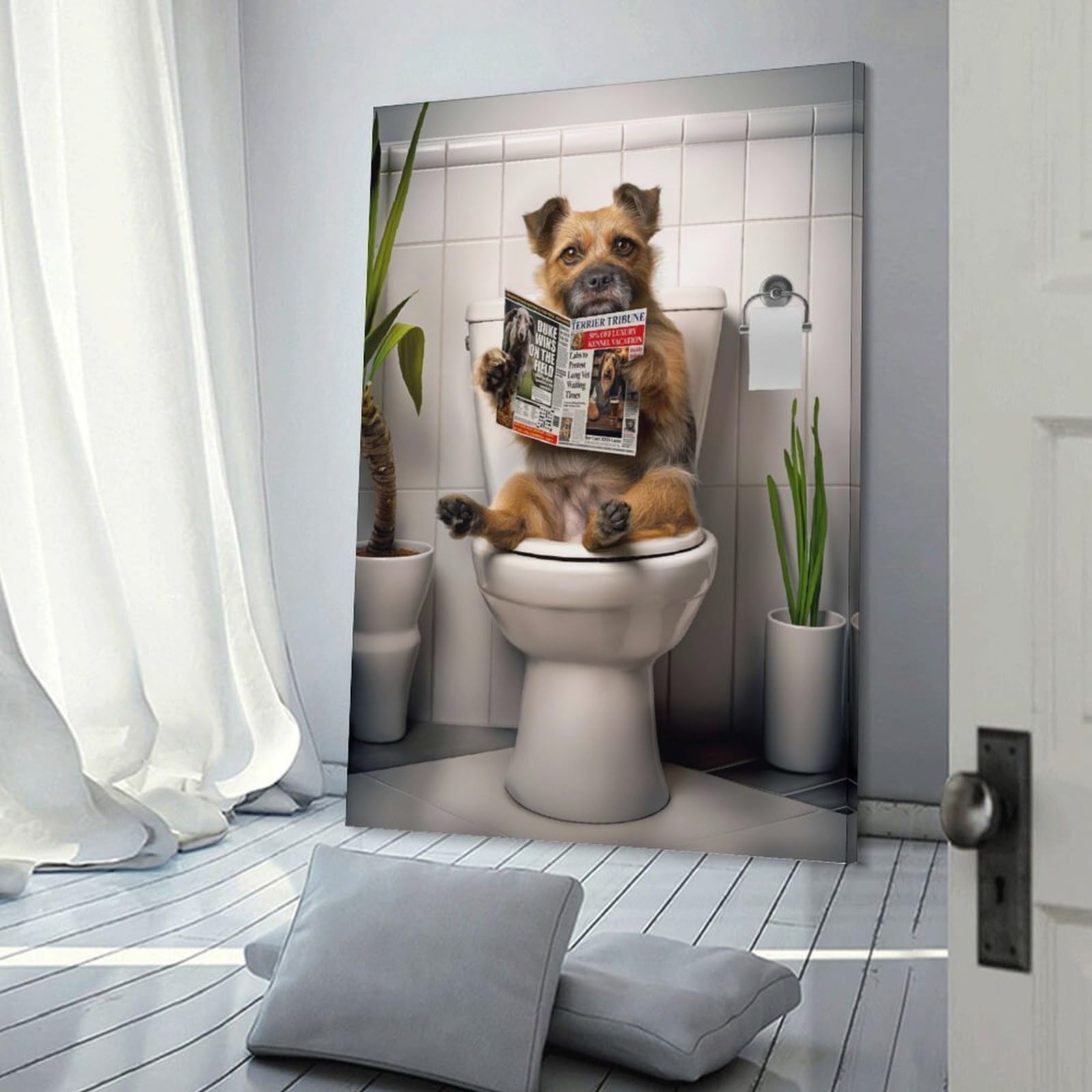Junmoney Frame-Style-22 Border Terrier On Toilet Canvas Wall Art 24X36inch(60X90cm), For Workspace Walls, Study Corners Or Bedrooms, Wall Art That Adds Style To Work Areas