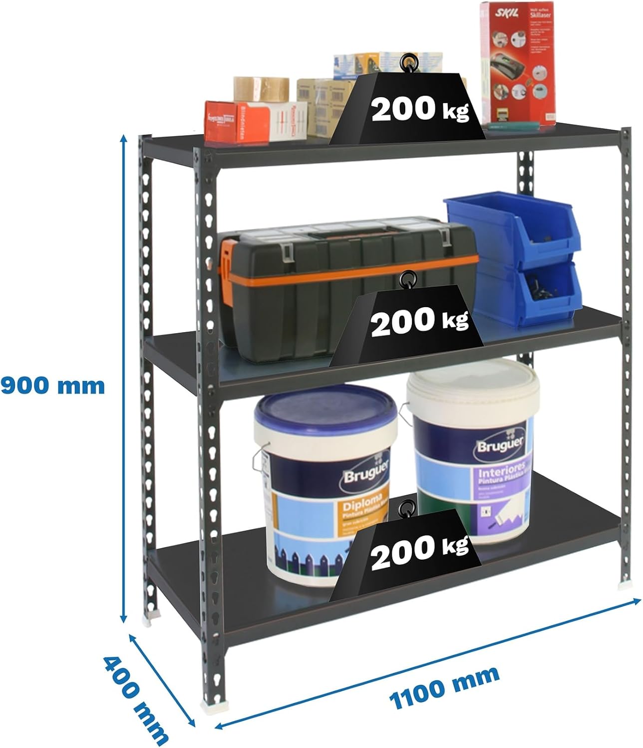 Simon Rack Garage Shelving Units 900x1100x400 mm, 3 Tier Steel Rack, 200 kg per Shelf, Anthracite - Simonclick